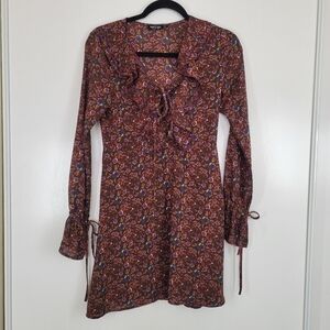 Nasty Gal Floral Long Sleeve Tie Bust Mini Dress Bell Sleeves‎ Size 4 Burgundy